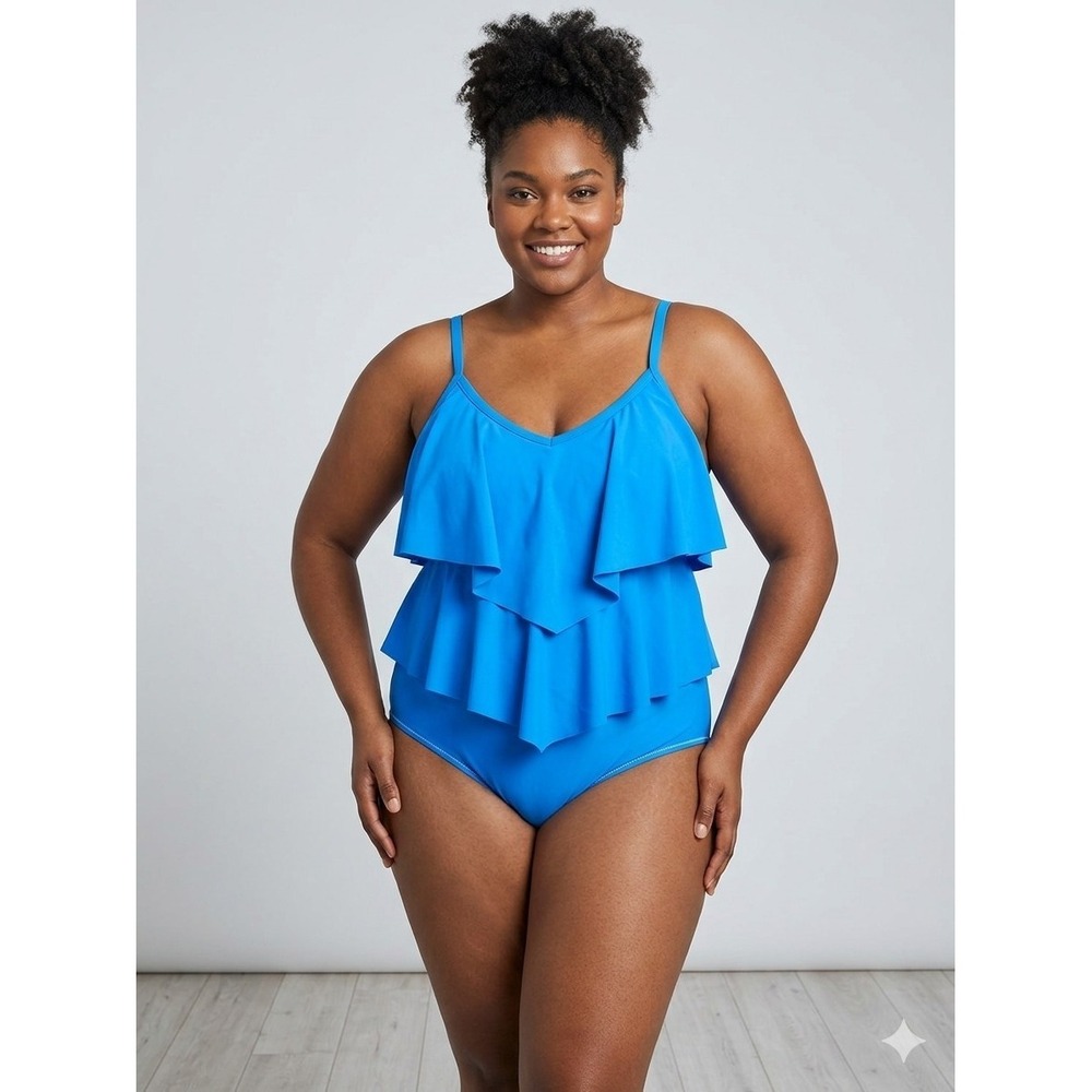 Maxine of Hollywood One-Piece Swimsuit Plus Size 22W‎ Blue Tiered Ruffle